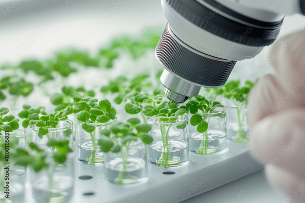 Poster a close-up of a microscope examining small green plants in test tubes, showcasing scientific researc
