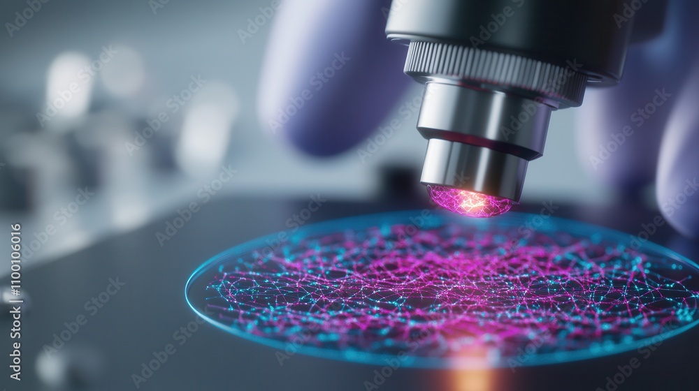 Poster A close-up of a microscope lens illuminating a slide with vibrant colors, highlighting intricate details in a scientific setting.