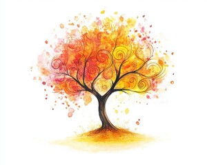 A vibrant tree with swirling branches and colorful autumn leaves, white isolated background.