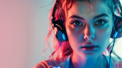 Woman wearing headphones and a pink shirt