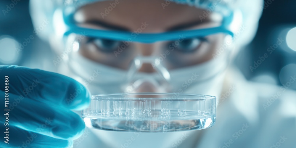 Poster a focused scientist examines a petri dish, showcasing a blend of innovation and precision in a labor