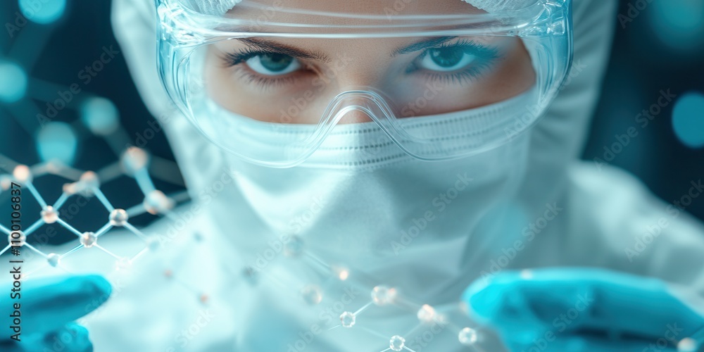 Poster A focused scientist in protective gear examines molecular structures, showcasing the intersection of technology and research in a lab environment.