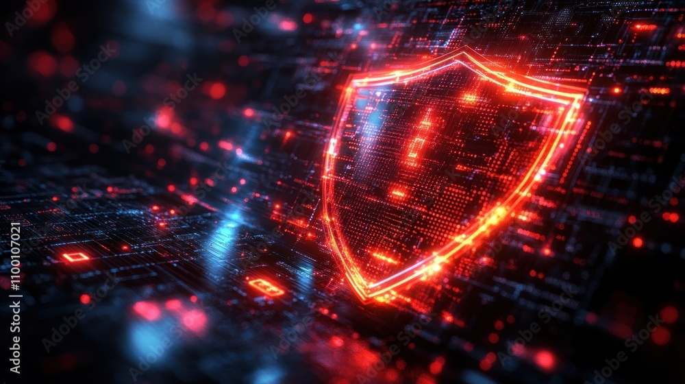 Aufkleber digital shield symbolizing cybersecurity amidst a futuristic data environment.