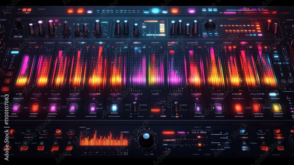 Poster a colorful audio mixer displaying sound waves and controls for music production.