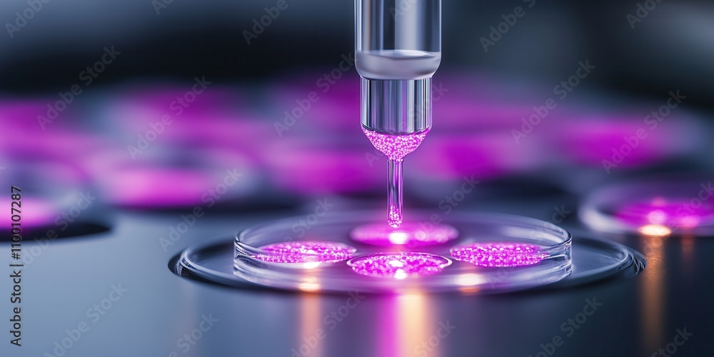 Poster a close-up view of a pipette dispensing a vibrant pink liquid into petri dishes, emphasizing precisi