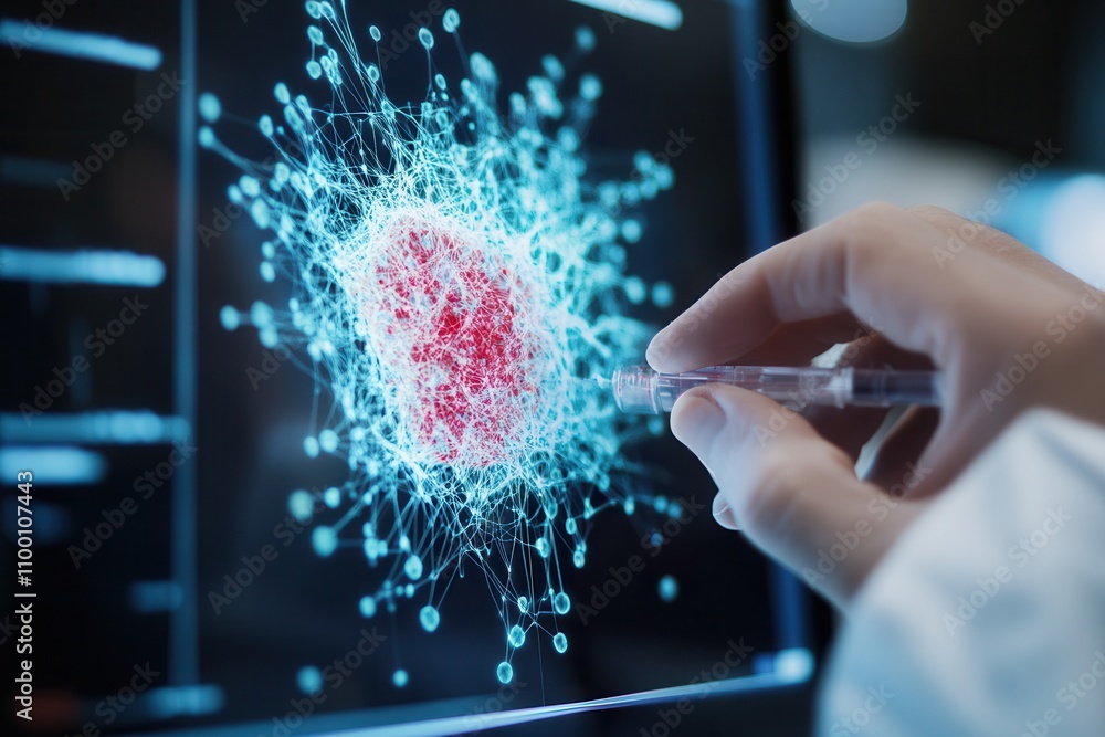 Poster a hand injects a digital representation of a virus on a screen, symbolizing advanced medical researc
