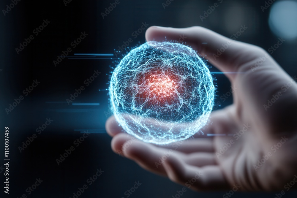Poster a glowing orb of energy is held in a hand, representing concepts of science, technology, and the uni
