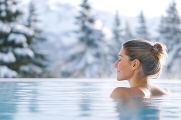 Fototapeta premium Lady Relaxing in Hot Springs with Scenic Snow View