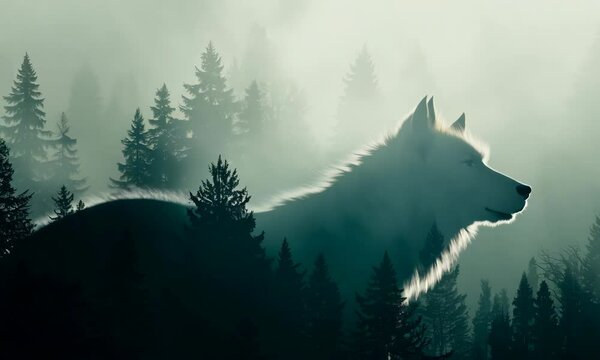 Double exposure of a wolf silhouette and a foggy forest creating an artistic image