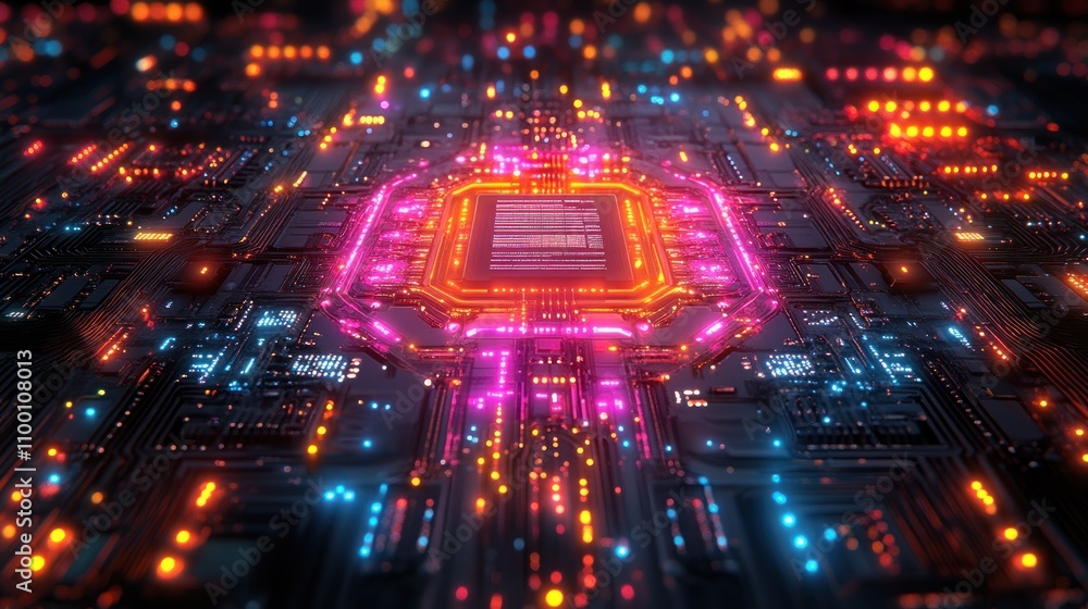 Poster abstract representation of a futuristic microchip with vibrant neon lights and circuitry.