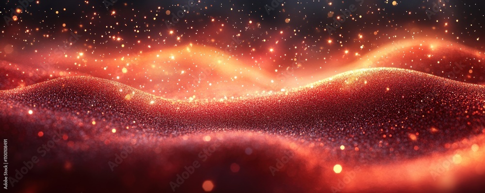 Poster abstract representation of shimmering waves with glowing particles in a cosmic setting.