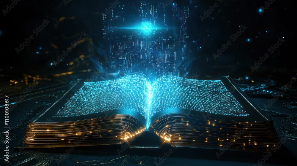 Aufkleber an open book emits glowing digital data, symbolizing knowledge and technology.