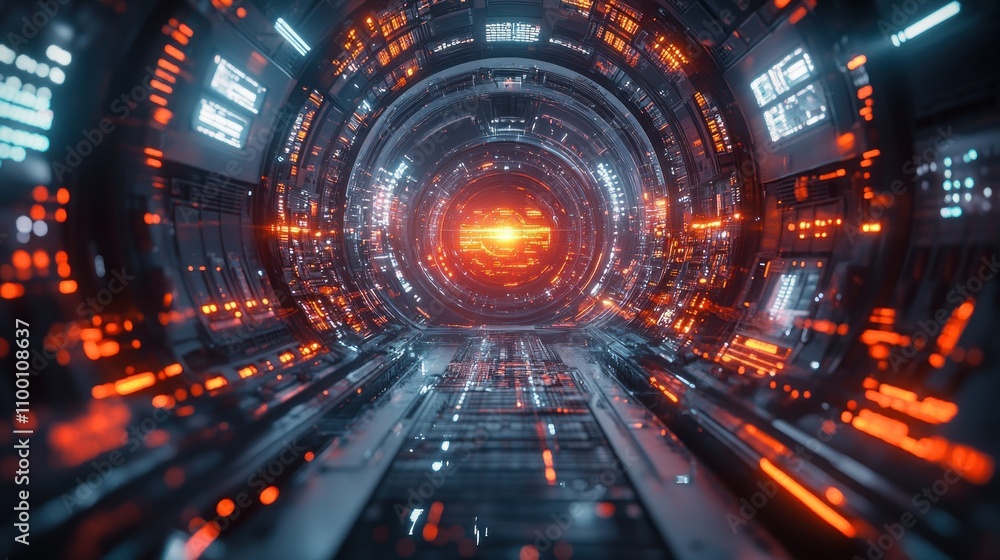 Poster a futuristic tunnel with glowing lights and a dynamic perspective.
