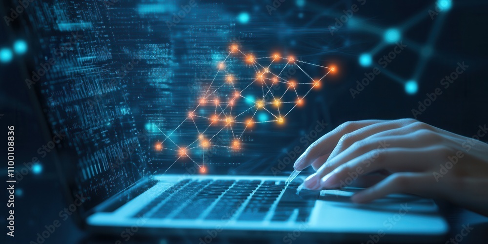 Poster A person types on a laptop, surrounded by dynamic digital data and network connections, symbolizing technology and information flow.