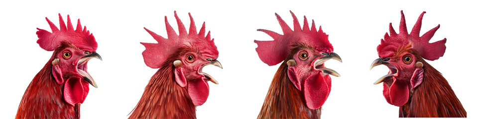 
Set of red rooster head crowing and roaring close-up photo isolated on a white or transparent background, Cut out PNG