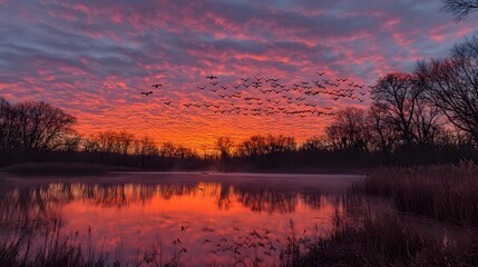 Obraz premium geese migrating at sunset over the lake