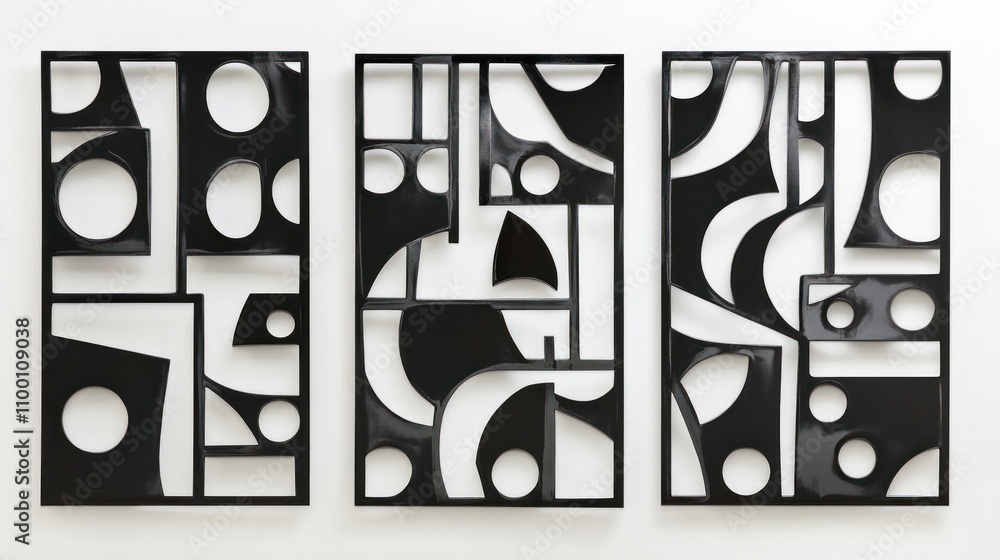 Poster abstract triptych featuring geometric shapes and forms in black on a white background.
