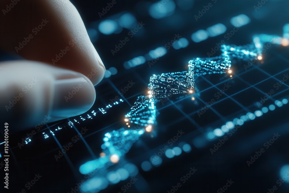 Aufkleber A hand interacts with a digital graph displaying fluctuating data points, symbolizing technology and analytics in finance or data science.