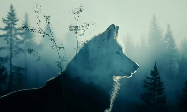 Double exposure of a wolf silhouette and a foggy forest creating an artistic image