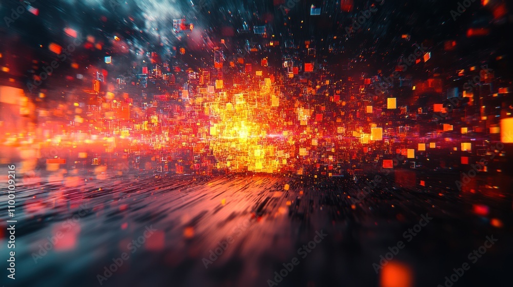 Poster abstract digital explosion of colors and shapes, creating a dynamic visual effect.