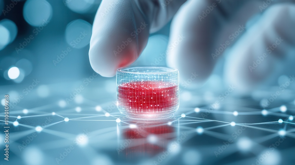 Aufkleber A futuristic hand interacts with a transparent container filled with red liquid, set against a digital background with interconnected nodes.