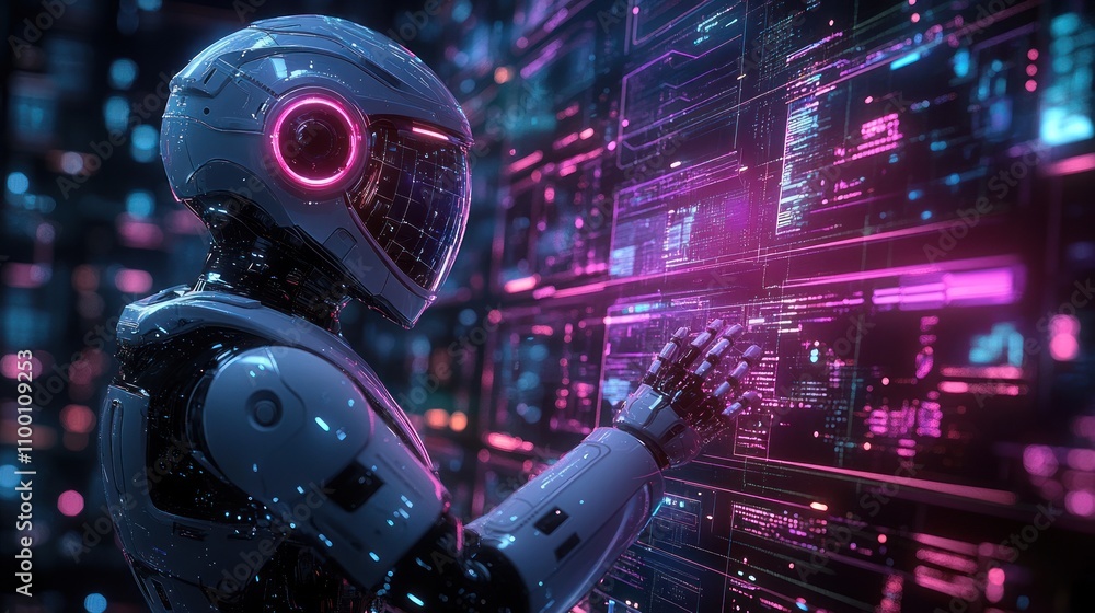 Poster a futuristic robot interacts with a digital interface, showcasing advanced technology.