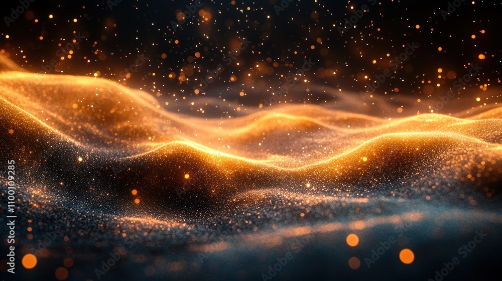 Poster abstract representation of shimmering waves with glowing particles in a dark environment.