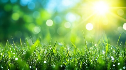 Obraz premium Dew Covered Grass in Bright Sunlight and Green Background