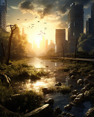 Global warming, flooded city, vegetation, hot