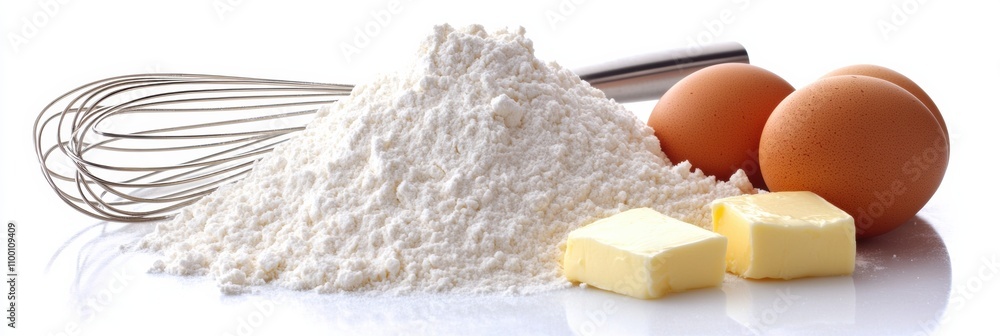 Poster Flour, eggs, and butter are artfully arranged with a whisk on a white background, creating an inviting setting for baking recipes. Generative AI