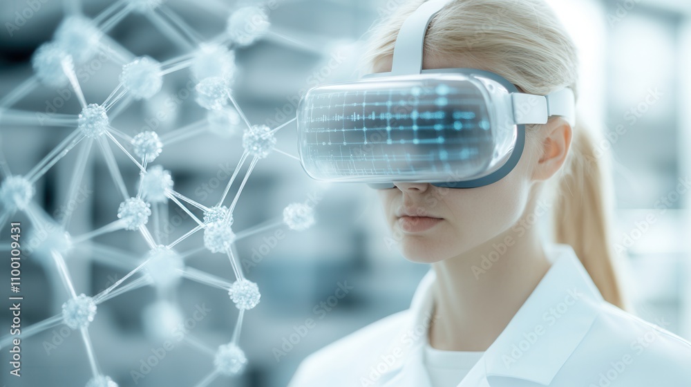 Poster a woman in a lab coat wears virtual reality goggles, engaged with a digital network representation, 
