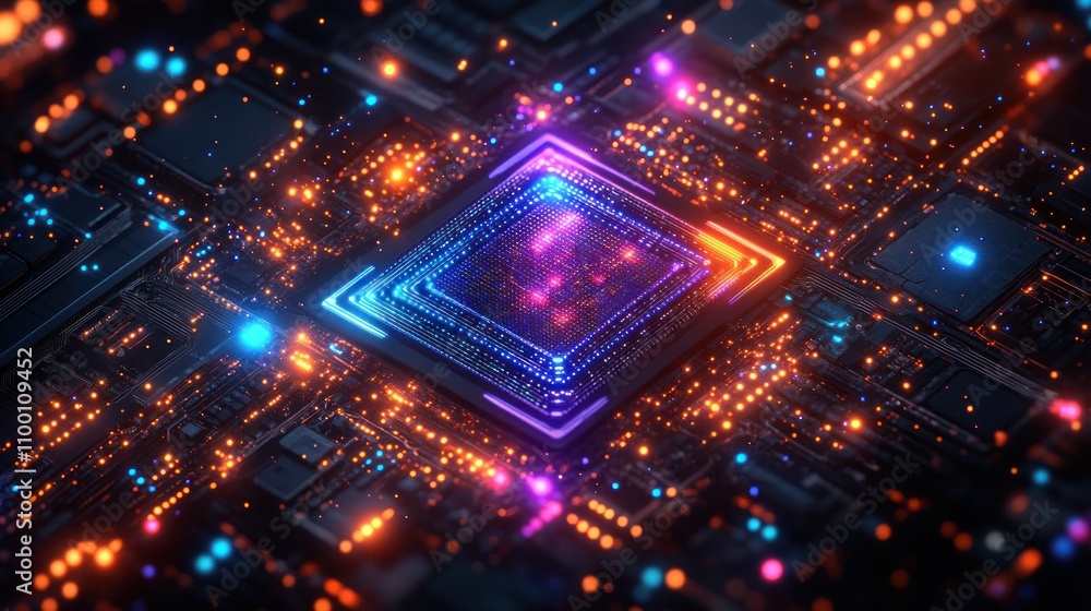Poster a vibrant, futuristic depiction of a microprocessor surrounded by glowing circuitry.