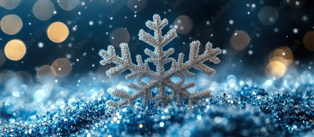 Poster a sparkling snowflake on shimmering blue glitter with a blurred background of lights.