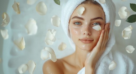 portrait of a young woman, close-up, against the background of flying white rose petals, on a white background,  with free space for text. To design an article about skin care,cosmetiс