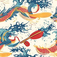 Chinese New Year Tile Seamless Patterns, Colorful Dragon Boats for Chinese New Year Celebration