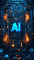 Futuristic AI-themed circuit board background with glowing blue letters, technology concept