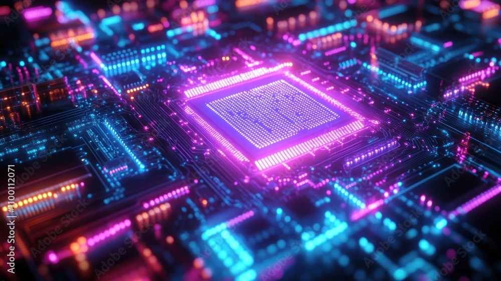 Poster a vibrant, futuristic depiction of a microchip with glowing circuits and connections.