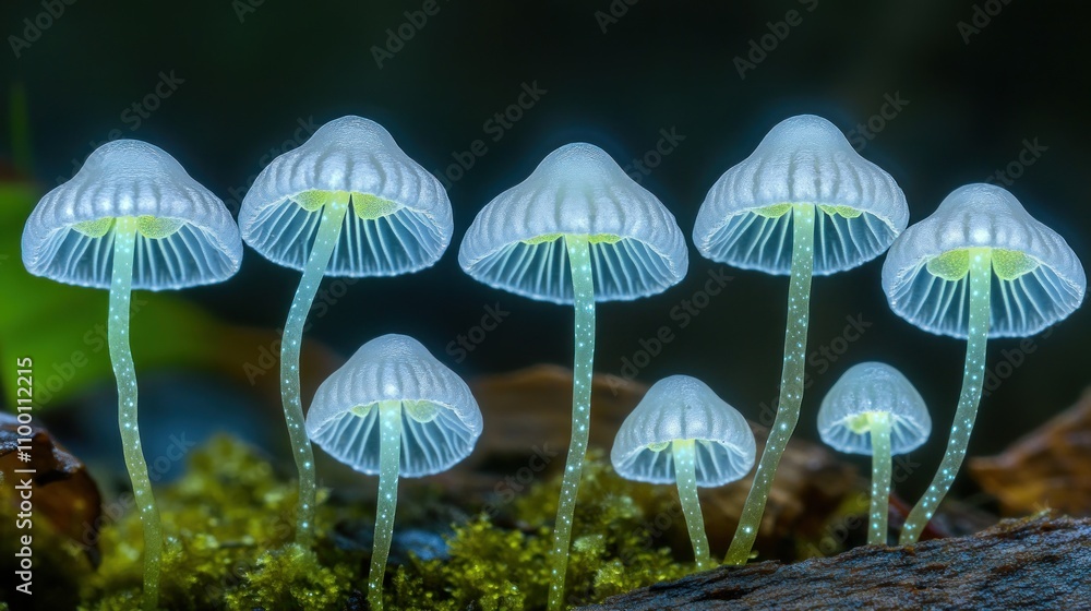 Poster a cluster of translucent mushrooms illuminated in a natural setting.
