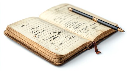 Naklejka premium An accounting journal with open pages, showing neat handwritten balances and notes illustrations isolated white background