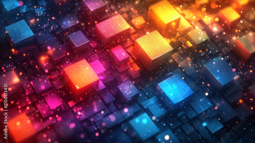 Poster abstract digital art featuring colorful cubes and glowing particles in a dynamic composition.