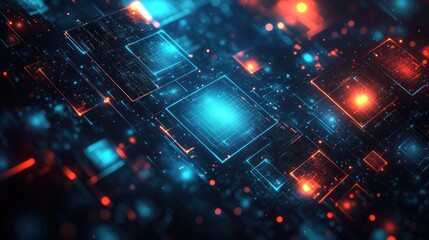 Obraz premium Abstract digital landscape with glowing squares and vibrant colors representing technology.