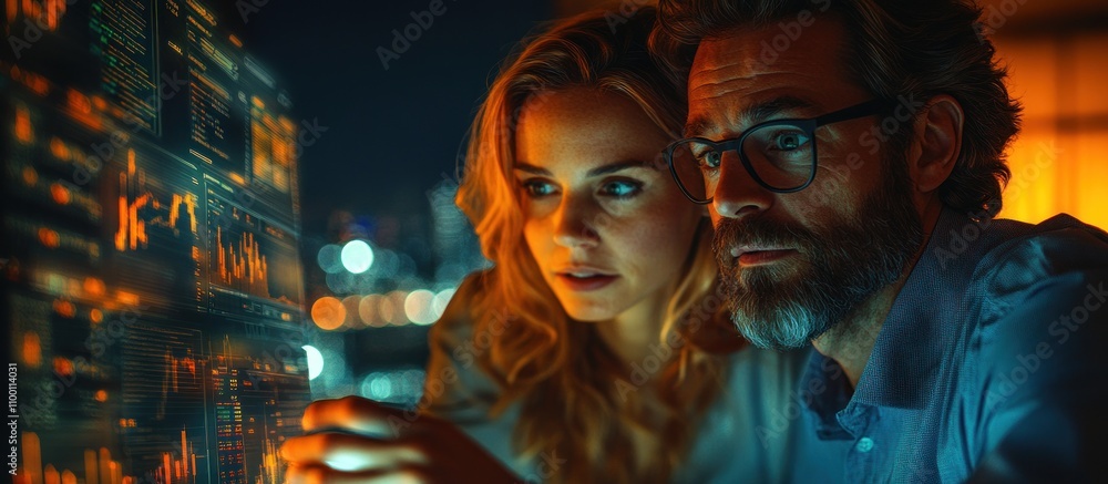 Aufkleber two individuals analyzing data on a digital screen in a dimly lit environment.