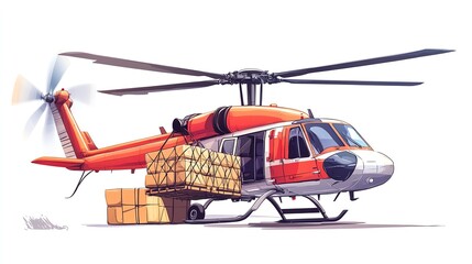 Fototapeta premium freight helicopter with external cargo nets holding supplies illustrations isolated white background