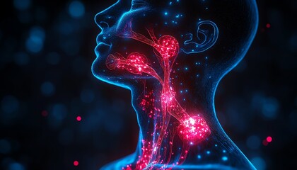 Glowing throat anatomy in vibrant red and blue, illustrating detailed vascular and muscular structures