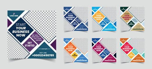 Social Media Post Layout Set with various colors. Square social media poster for school, medical, corporate office etc. this social media post template is vector illustration with photo collage.