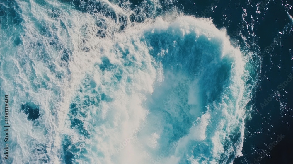 Poster aerial view of turbulent ocean waves creating a circular splash.