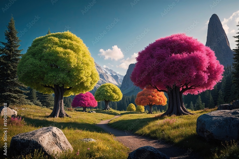 Poster stunning 3d artistic visualization of a vibrant grouping of trees in a secluded viewpoint