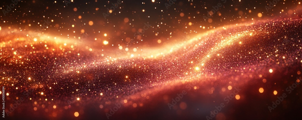 Poster a shimmering wave of golden particles creating a magical, ethereal atmosphere.
