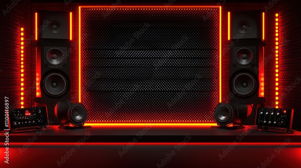 Aufkleber a modern audio setup with speakers and controls, illuminated by red led lights.