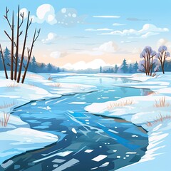 Serene Winter Landscape with Frozen River and Trees